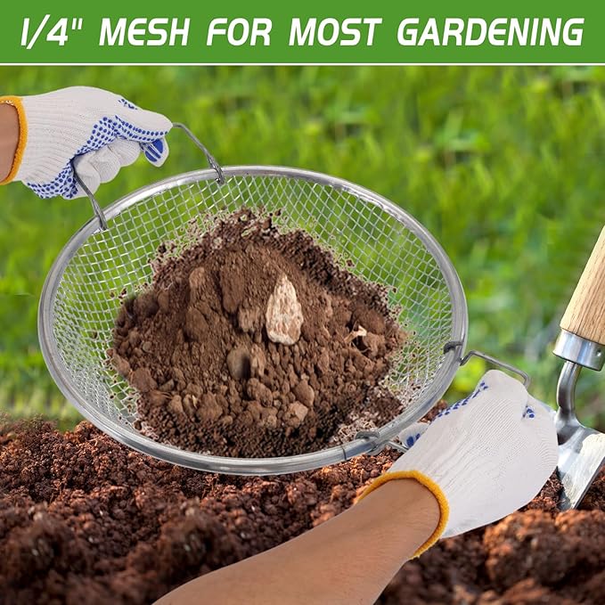 2PCS Mesh Soil Sifter for Gardening,Compost Sifter with Handles for 5 Gallon Buckets,Garden Sieve Rock Sifters for Captures Dirt Rocks Sawdust Includes Gloves