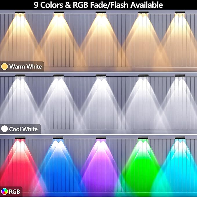 BrizLabs Fence Solar Lights Outdoor, 8 Pack 9 Colors & 11 Modes Color Changing Deck Lights, 250lm Red White & Blue Fence Deck Light IP65 Waterproof Solar Wall Light for Outside Backyard Stair Railing