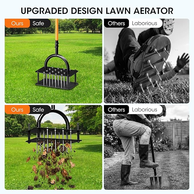 Lawn Aerator Tool, Manual Core Aerator for Lawn with 16 Spikes Spring Base, Automatic Soil Ejection, Pre-Assembled Yard Grass Aerator, Metal Grass Aerator for Yard