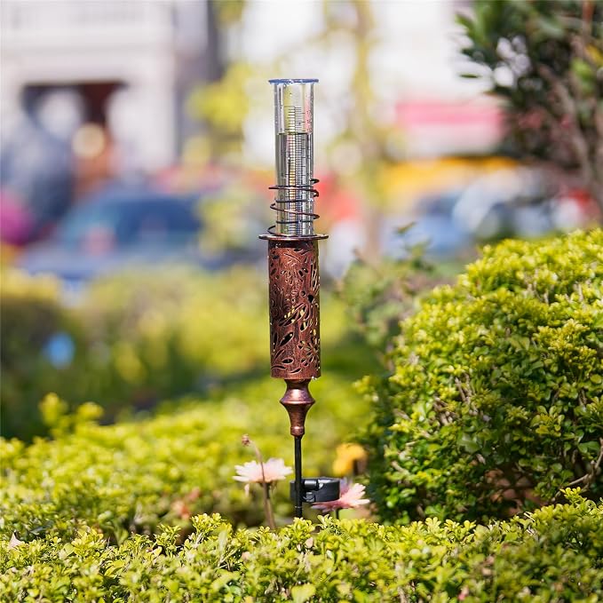 Rain Gauge Outdoor, Solar Rain Gauges for Yard, Freeze Proof Rain Gauge with 7" Plastic Tube, Copper Metal Decorative Garden Stake with Led Light, Brown