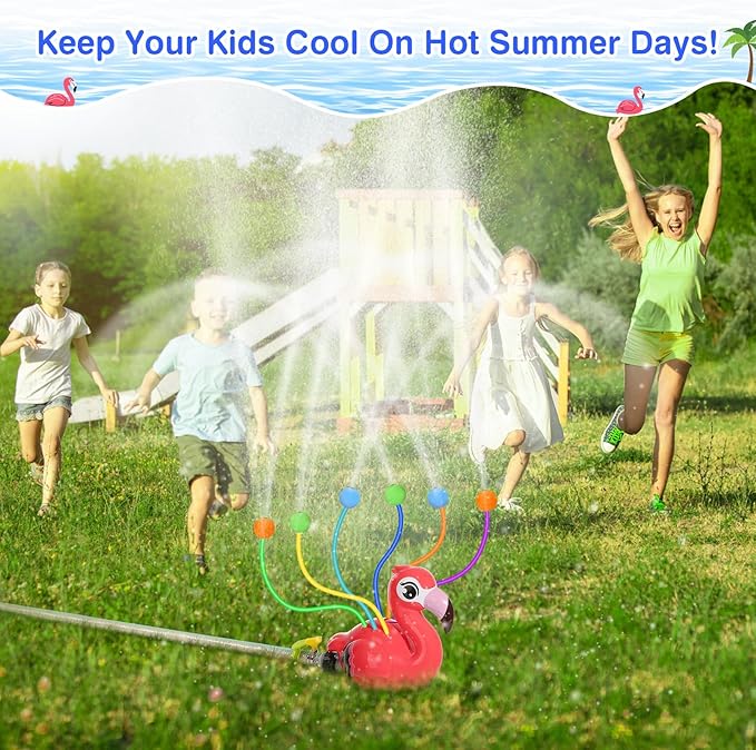 MoKo Water Sprinkler for Kids,Cute Spray Flamingo Toys with 6 Wiggle Tubes 6 Sponge Balls 1 Hose Clamp Outdoor Summer Sprinklers for Garden Backyard Lawn Splashing Fun Toys for Pet, Red Flamingo