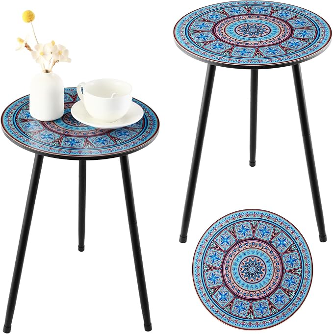Outdoor Side Table Set of 2 Patio Side Tables for Outside Black End Tables Small Outdoor Table Round Patio End Table Metal Side Table Outside, Indoor, Bedroom, Living Room, Small Spaces, Azure Mosaic