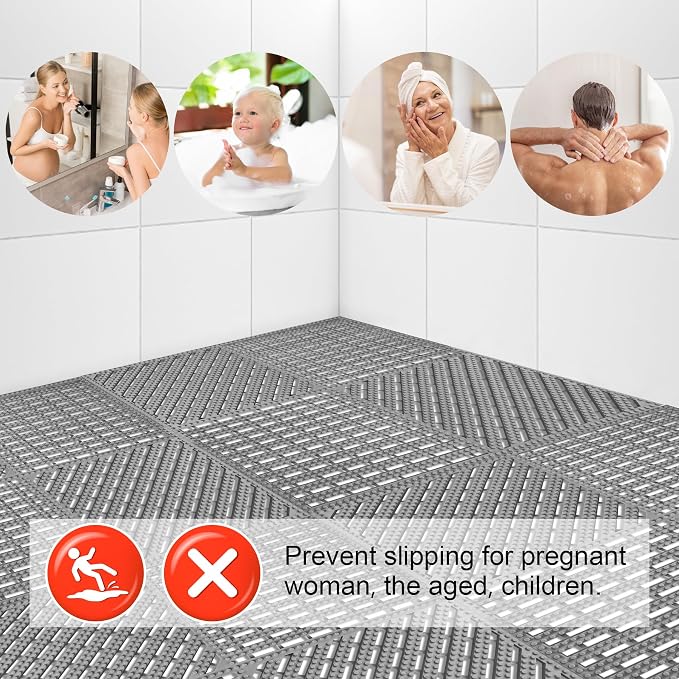 MYFAMIREA Modular Interlocking Cushion 12 Pack 11.8" x 11.8" Rubber Floor Tiles Non-Slip Splicing Drainage Mats for Deck, Pool, Shower, Patio, Balcony, Bathroom, Kitchen, Yard (2 Rows Dots, Gray)