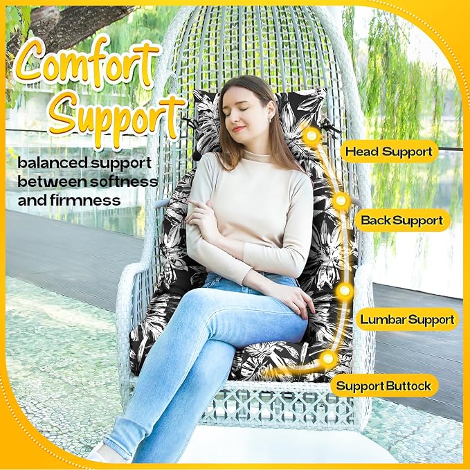 MAGIC ELEPHANT Egg Chair Cushion, Memory Foam Hanging Egg Chair Cushion Replacement, Indoor Outdoor Hammock Basket Swing Cushion with Headrest (Black Monstera)