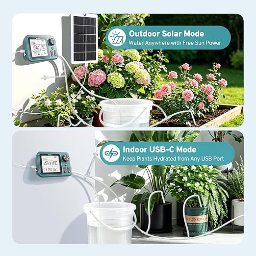Solar Automatic Drip Irrigation System for Indoor Plants, HiOazo Automatic Watering System with 4W Solar Panel & USB Charging for Garden Farm Greenhouse (Supported 15 Pots)