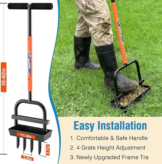 JouZYA Updated Lawn Aerator Tool with Soil Core Collection Tray, Lawn Core Aerator Lawn Tool with 4 Tines Manual Grass Aerator, Spike Lawn Coring Aerator for Yard Lawn Aeration Soil Loosening, Coral