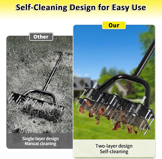 Manual Lawn Aerator Tool, Automatic Dirt Clean Lawn Aerator with 17 Spikes and Extended T-Handle, Easy-to-Assemble Aerator Lawn Tool with Gloves, Yard and Grass Aerator for Soil Loosening