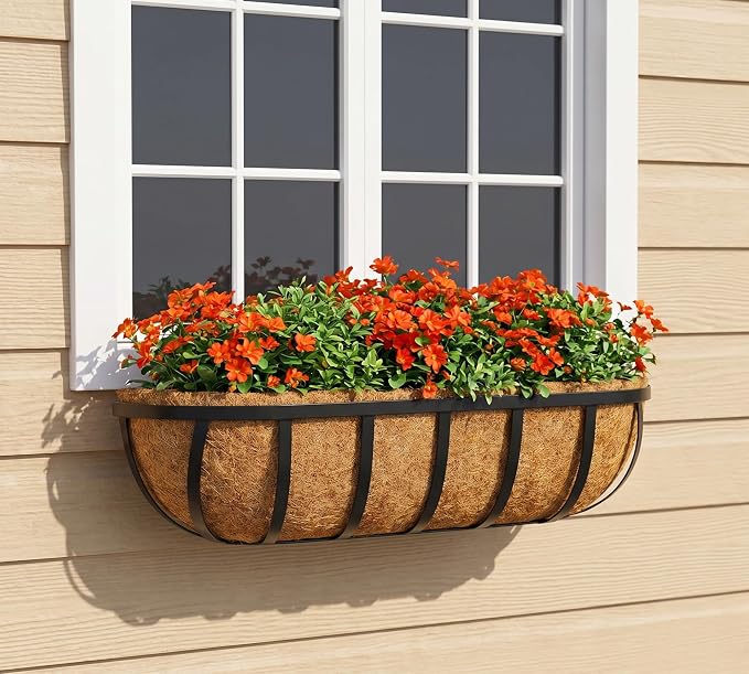 Y&M 2pcs 24 Inch Window Deck with Coco Liner, 24" Window Boxes Horse Trough with Coconut Coir Liner, Black Metal Hanging Flower Planter Window Basket Deck Railing Planter Boxes for Outdoor Indoor