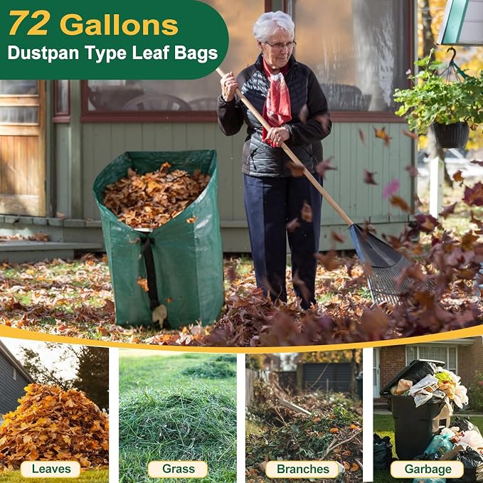 72 Gallon Large Leaf Collector, Foldable Reusable Yard Waste Bags, Heavy Duty Dustpan Type Garden Leaf Bags with Gloves