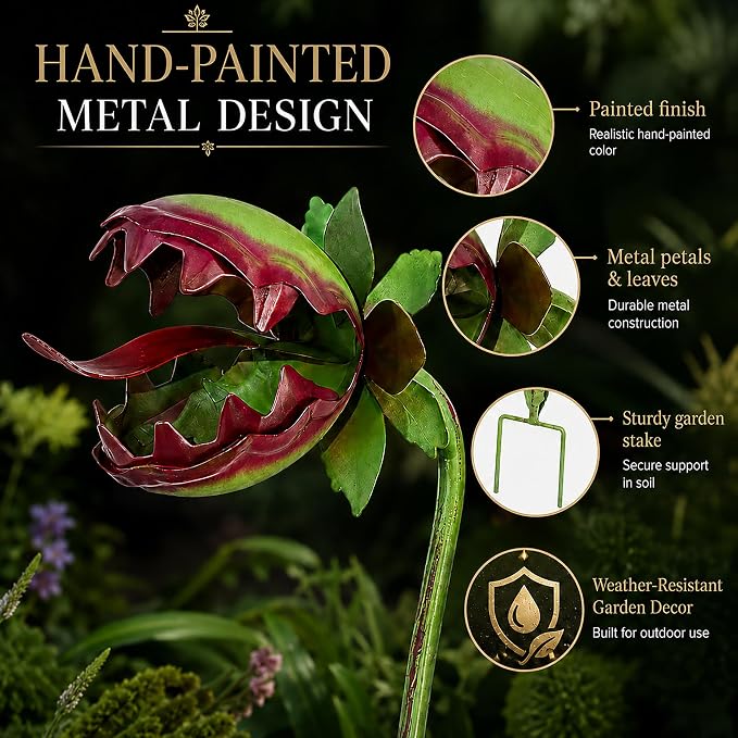 Funny Metal Carnivorous Plant Garden Stake, 25" Large Venus Flytrap Sculpture, Whimsical Outdoor Yard Art for Lawn Patio Planters, Unique Weather-Resistant Garden Decor Gift (Monster Flower 2pcs)