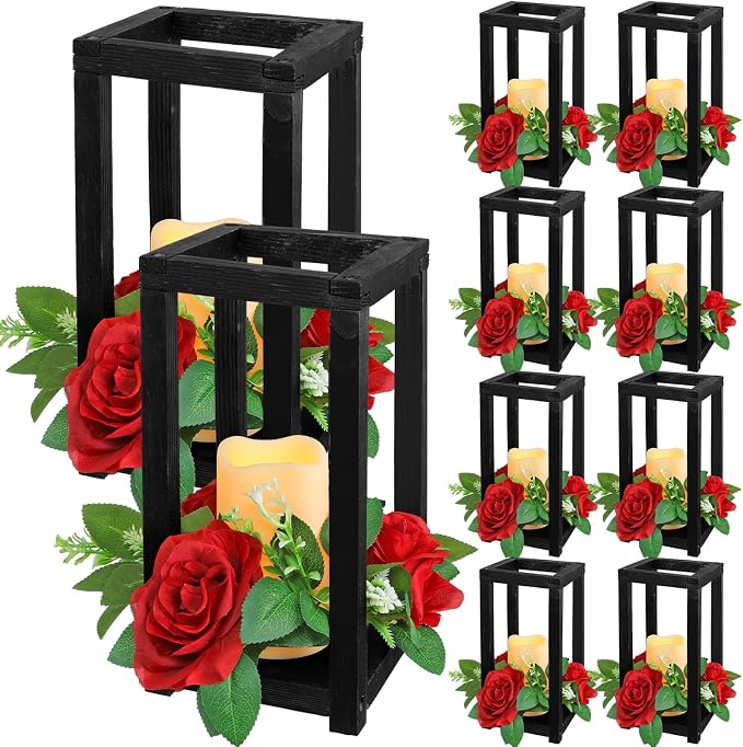 Hushee 30 Pcs Integrated Wedding Lantern Centerpiece Rustic Wooden Holder with Candles and Rings Farmhouse Candle Lantern Decor for Home Valentine Wedding Party Table Decor (Black and Red)