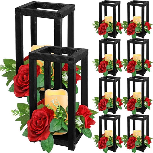 Hushee 30 Pcs Integrated Wedding Lantern Centerpiece Rustic Wooden Holder with Candles and Rings Farmhouse Candle Lantern Decor for Home Valentine Wedding Party Table Decor (Black and Red)