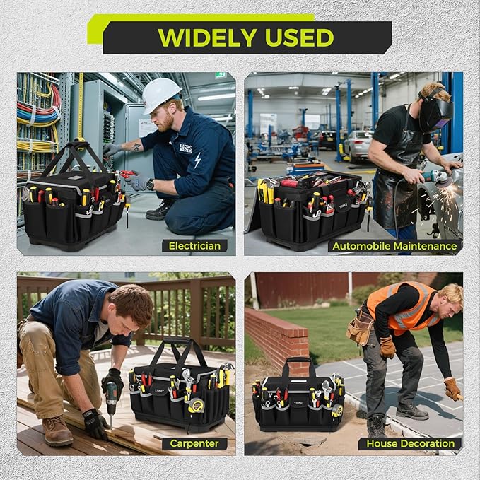 Heavy Duty Tool Bag 16-Inch, 46 Pockets Electrician Tool Bag for men with Hard Bottom & Waterproof Pocket, 1680D Tear-Proof Toolbox Organizer for HVAC Mechanic, Father Day Dad Gift Black