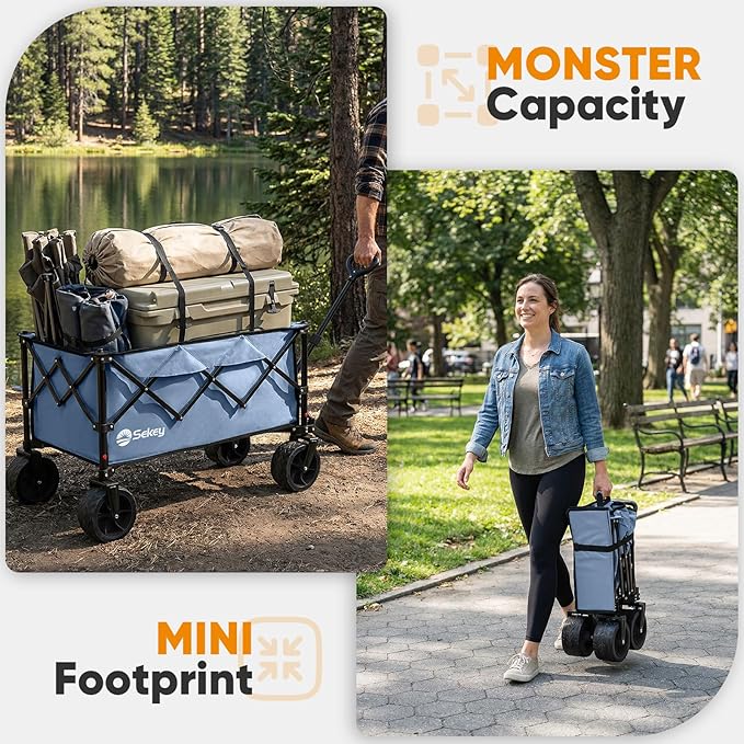Sekey 150L Wagons Carts Foldable with Big All-Terrian Beach Wheels, Collapsible Heavy DutyWagon, Extra Large Folding Wagon,Foldable Wagon for Camping, Garden, Sports. Blue
