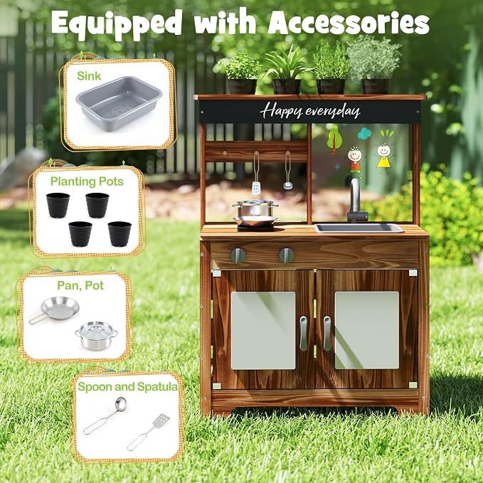 Costzon Mud Kitchen, Fir Wood Outdoor Play Kitchen with 4 Planting Pots, Faucet, Removable Sink, Stoves, Cooking Accessories, Kids Kitchen Playset for Backyard, Garden, Gift for Boys Girls 3+ (Brown)