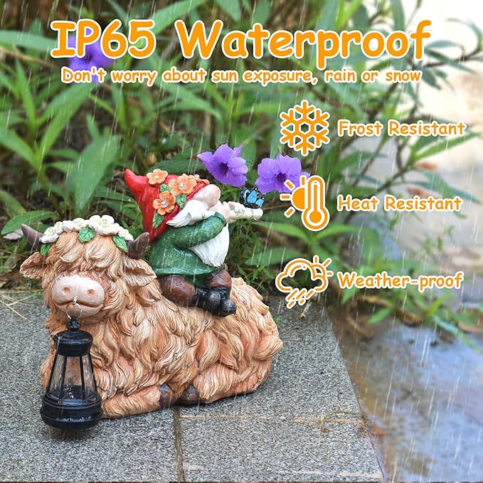 WINTS Solar Highland Cow Gnome Light,9.8" Highland Cow Statue with Lantern for Lawn Yard Outdoor Garden Decorations, Unique Gift for Mom Women Men