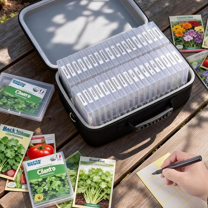 Boobowl 36 Slots Seed Storage Organizer, Hard Shell Seed Holder with Labels, Dry Storage Container for Garden Vegetable Seeds, Sturdy Carrying Bag with Handle and Shoulder Strap (Box Only)