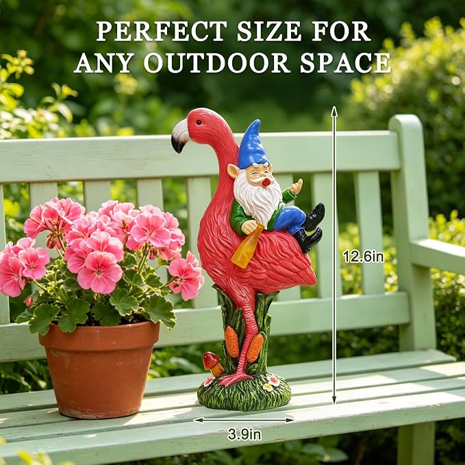 Solar Garden Gnome Riding Flamingo Sculpture with LED Light, Resin, Multicolor, Outdoor Yard Lawn Patio Decor