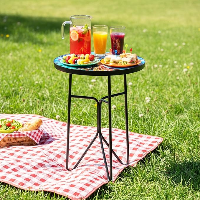 12 Inch Mosaic Colorful Tree of Life Patio Side Table, Small Round End Tables, Glass Plant Tables Indoor, Garden or Living Room Decor Afternoon Tea Dinner Table, Simple Assembly Cast Iron Plant Stand