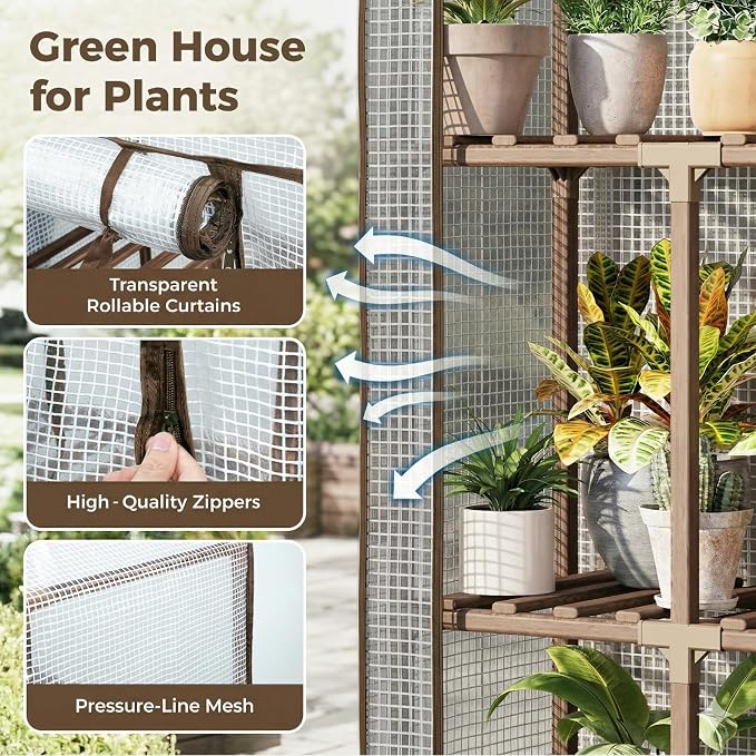 Bamworld Greenhouse Indoor Outdoor Tall Green House for Multiple Plants 10 Tiers 11 Pot Large Plants Holder Rack Wood Warm Houses for Room Corner Balcony Garden Patio