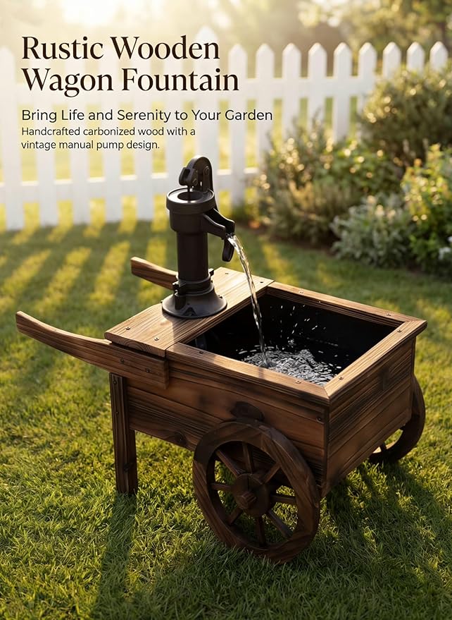 Carbonized Wood Outdoor Freestanding Fountain - Movable Vintage Hand Pump Cart, Plug-in Water Pump Electric Decorative Water Feature for Patio, Garden & Indoor Decoration