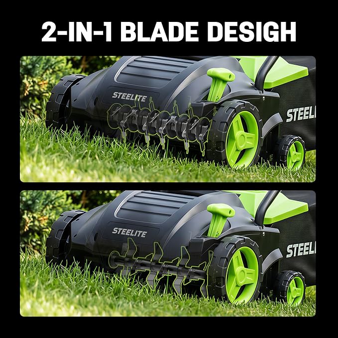 STEELITE 13-Inch 2-in-1 Electric Dethatcher & Scarifier, 8-Gallon Removable Collection Bag, 4-Position Height Adjustment, Powerful 12-Amp Motor for Healthier Lawns