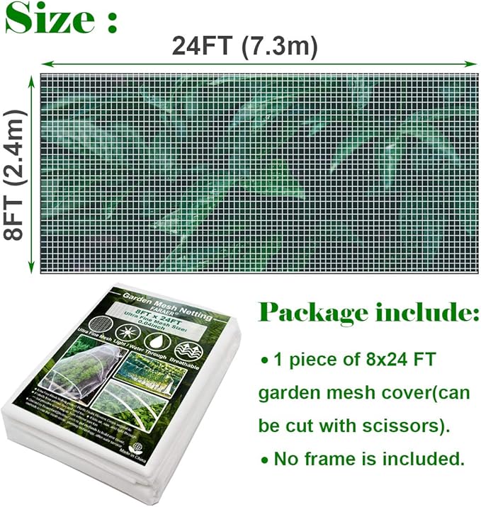 Ultra Fine Garden Mesh Netting, FARAER Plant Covers 8x24ft Garden Netting for Protect Vegetable Plants Fruits Flowers Crops Greenhouse Row Cover Protection Mesh Net Patio Screen Barrier Net (8x24ft)