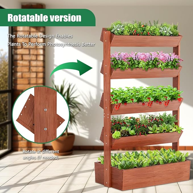 SUNYRISY 5 Tiers Vertical Raised Garden Bed Planter Outdoor, Freestanding Wooden Garden Tiered Planter Box Stand for Planting Herbs Flowers Vegetables Outdoor Gardening