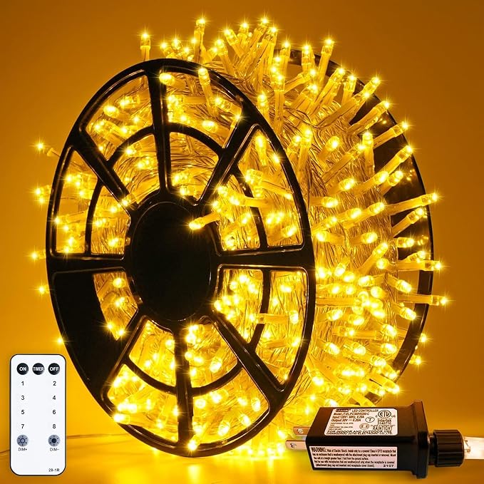 JMEXSUSS 500 LED Warm White Christmas Lights Indoor Outdoor, 163ft Clear Wire Plug-in String Lights Bedroom, 8 Modes Remote Control Christmas Tree Light for Bedroom Tree Classroom