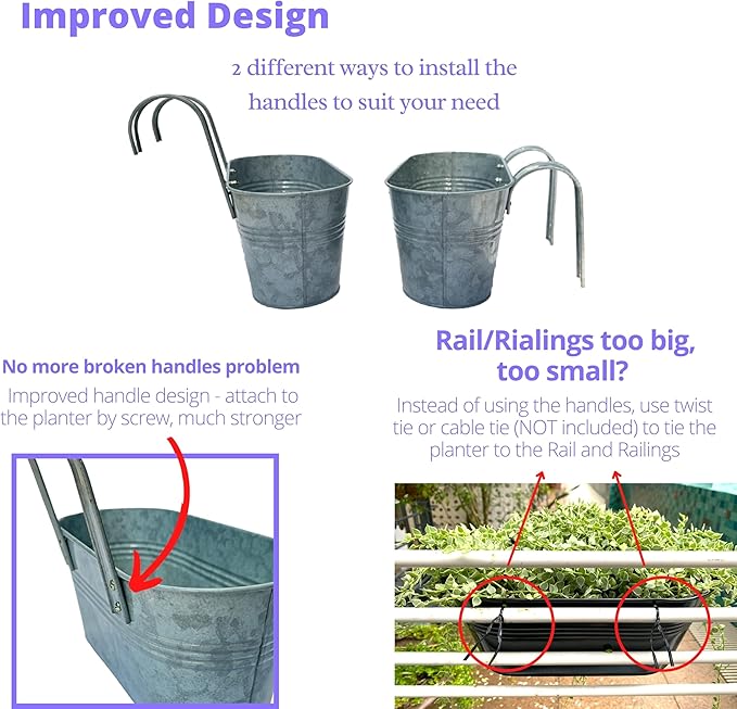 LaLaGreen Outdoor Plants Rail Planter (15 Inch, 4 Pack) Silver Metal Iron Hanging Flower Pot Deck Railings Fence Bucket Modern Boho Style Wall Mount Window Box Plant Wall Hanger Hooks Porch Home Decor