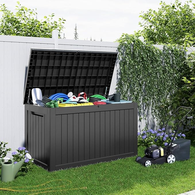280 Gallon Outdoor Storage Box Waterproof, Resin Lockable Deck Box with Lid, Large Capacity Weatherproof Container for Patio Furniture Pool Accessories, Cushions(Black, 280 Gallon)