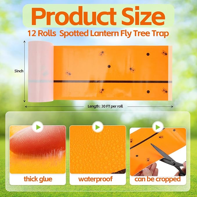 12 Rolls Spotted Lantern Fly Tree Trap 30 Feet Each Roll Lanternfly Tree Outdoor Fruit Fly Sticky Strips Paper Insect Sticky Barrier Trunk Wraps to Protect Plant, Lawn, Garden(Orange)
