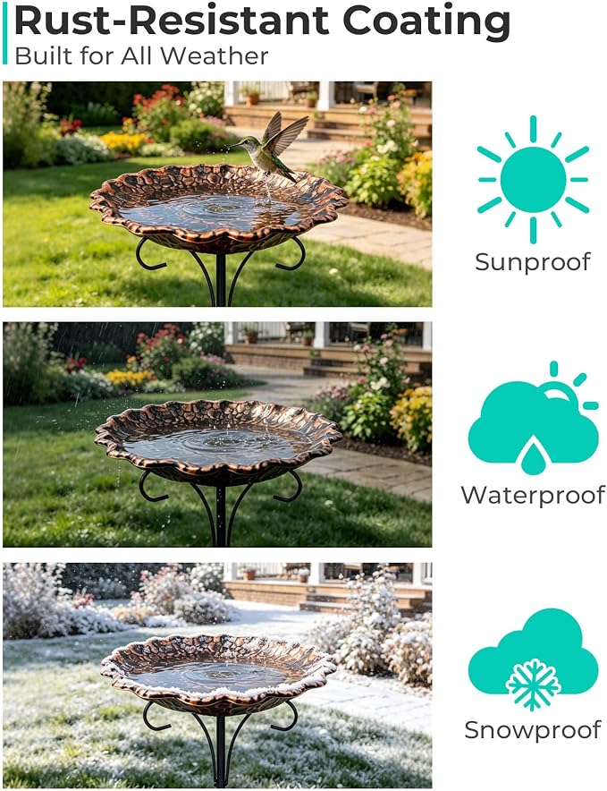 Metal Bird Bath for Outside, 10" Diameter Bird Bath with Heavy Duty 5-Prong Stake Base, Freestanding Outdoor Birdbath for Garden Patio Yard Lawn Decor (Antique Copper Pebble)