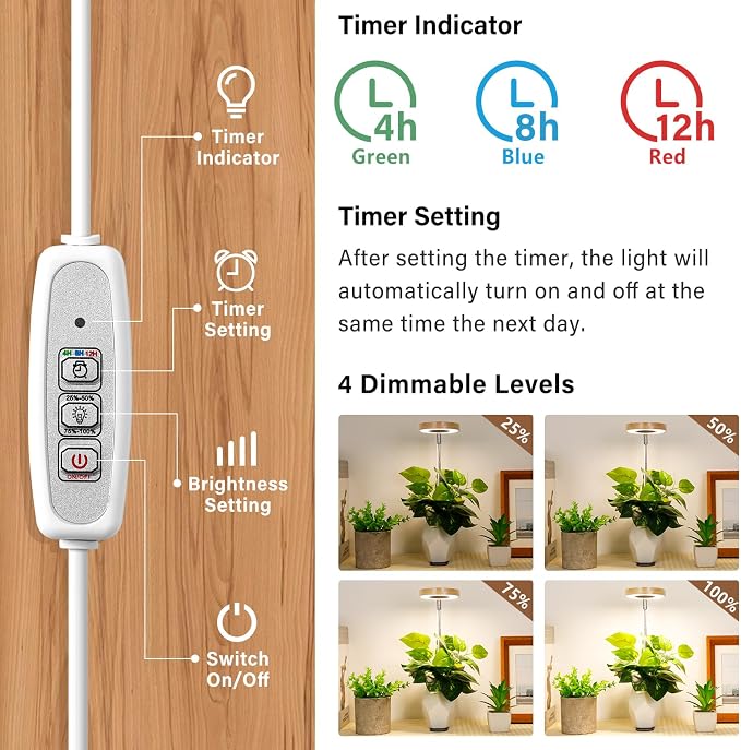 LORDEM Bamboo Base Desktop Grow Light, LED Plant Lamp with Full Spectrum, 4 Adjustable Brightness Levels, 4H/8H/12H Auto Timer for Indoor Plants Growing, Height Adjustable 7.8"-26", 3 Pack