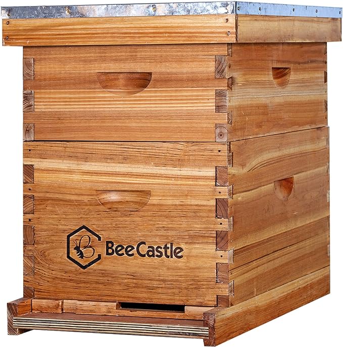 BeeCastle 10-Frames Complete Beehive Kit, 100% Beeswax Coated Bee Hive Includes Beehive Frames and Beeswax Coated Foundation Sheet (2 Layer)