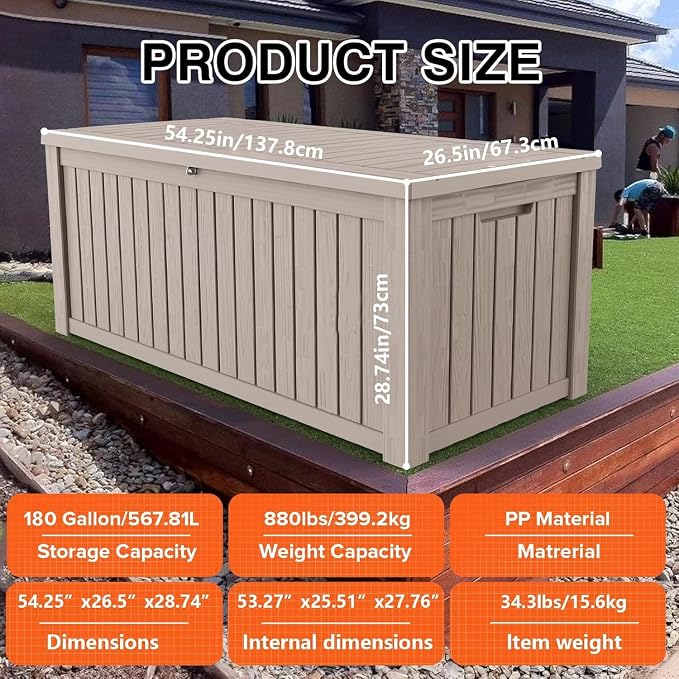 TARKARI 180 Gallon Outdoor Storage Box Waterproof, Resin Deck Boxes with Lockable Lid & UV-Resistant for Patio, Pool, Garden Furniture Cushions & Accessories, Coffee