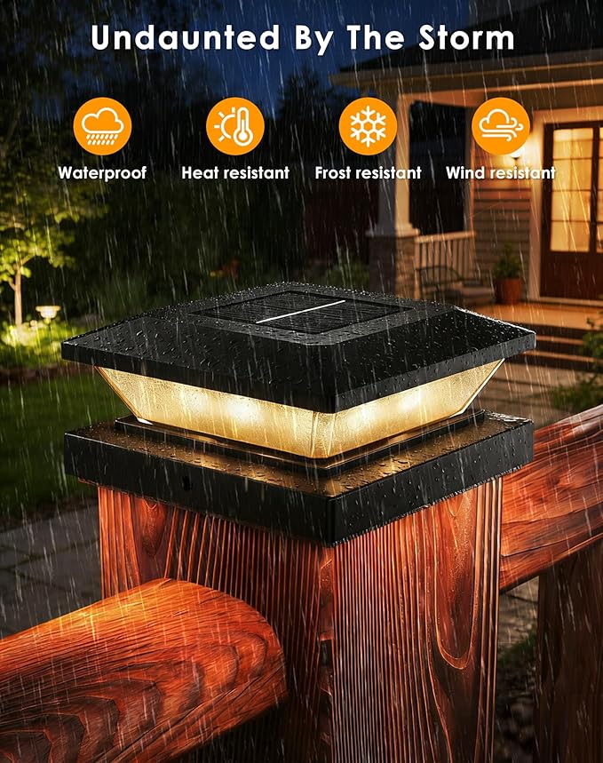 4x4-Solar-Post-Cap-Lights-Outdoor 4 Pack Solar Powered Fence Post Lights 3 Lighting Modes Deck Postcap Light for 3.5x3.5 4x4 Wood/Vinyl Posts LED Waterproof Garden Patio Porch Posts Lighting Black