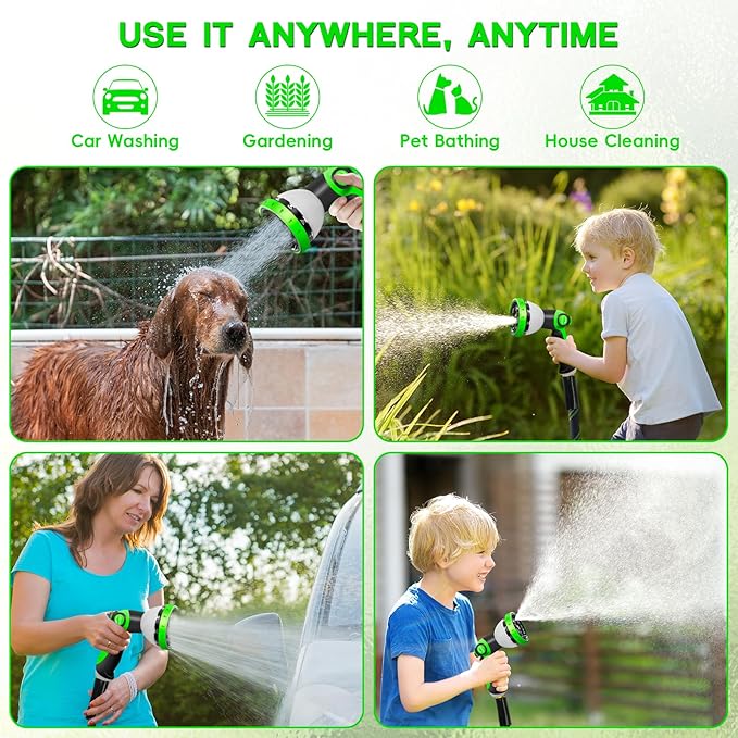 Junredy Garden Hose 25 FT, NON-EXPANDABLE Heavy-Duty Flexible & Lightweight Water Hose with 10-Function Nozzle, No-Kink, Leak-Proof Super Fabric, Solid Fittings for Lawn, Car, Outdoor (Black Green)