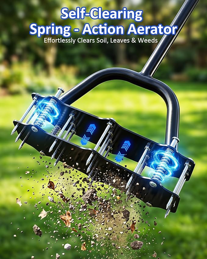 Manual Lawn Aerator with Double-Layer Spring, Heavy Duty Garden Soil Loosener Tool, Spike Aeration Tool with T-Handle and Large Foot Plate for Lawn, Yard, Garden Soil