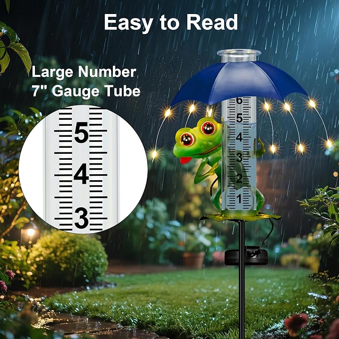 shumi Rain Gauge Outdoor, Solar Frog Rain Gauges with LED Lights ard Decor, Garden Statues Frog Gifts for Women, Yard Art Ornament for Yard Patio Garden Decor, Gardening Gifts for Women