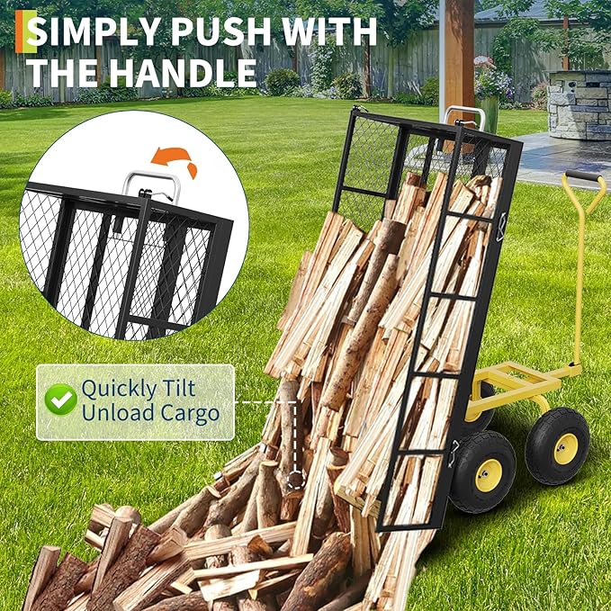 GarveeLife 900 LBS Garden Dump Cart with Removable Sidewalls, Heavy Duty Steel Dump Wagon with 180° Swivel Handle & 10 in Tires, Yard Cart Utility Wheelbarrow for Backyard Farm