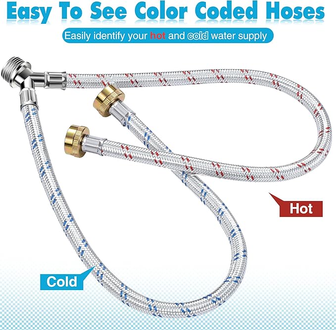 Dreyoo Hose Y Connector, 2 Ft Washing Machine Y Hose Split Stainless Steel, 3/4 Inch Brass Fittings, Hot and Cold Color Coded for Washing Machine Outdoor Faucets(1 Pcs)