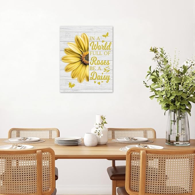 LB Yellow Daisy Floral Wall Art- Farmhouse Flower Funny Inspirational Quote Bathroom Wall Decor- Rustic Butterfly Framed Artwork Canvas Pictures for Living Room Bedroom Kitchen Office,12Lx12W inch