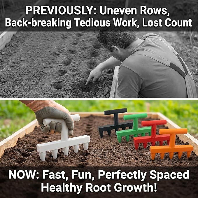 3D Printed 5-Prong Seed Dibber Gardening Tool, Unibody Hand Seeding Punch & Plant Hole Digger for Raised Beds, Seed Spacing Tool & Garden Row Maker, 7.1" x 4.7" (White)