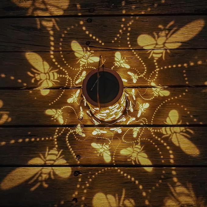 Solar Honeybee Lanterns Outdoor Hanging Decor Lantern,Waterproof Hollow Out Retro Metal Decorative Garden Light,Graceful Decoration for Patio,Yard,Landscape,Walkway,Festival