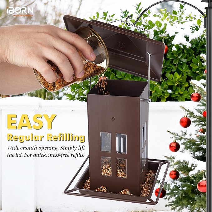 iBorn Bird Feeder for Outdoor Hanging,Metal Bird Feeder Hanging Outside for Cardinal, Double-Sided Hanger Wild Birdfeeder All Metal Constructions, Holds 2.6LB Seed, Bronze,8 Ports