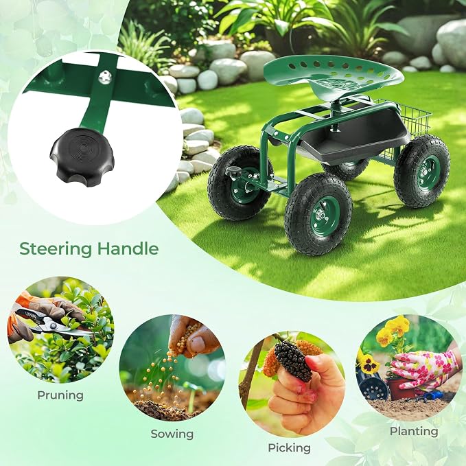 DORTALA 4-Wheel Rolling Garden Cart Work Seat with 360 Swivel & Height Adjustable Seat, Heavy Duty Planting Cart with Storage Basket, Green