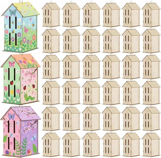 DoubleFill 24 Pack Wood Butterfly House Painting Crafts Kits My First Butterfly House DIY Art Craft Kit with Hemp Rope DIY Cedar Wooden Birdhouse for Building Bee Ladybug Habitat, No Paint
