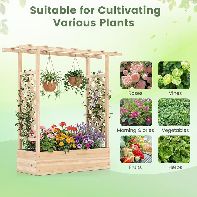 Giantex Wooden Raised Garden Bed with Trellis & Hanging Roof, Fir Wood Planter Box, 45" Freestanding Elevated Garden Bed for Outdoor Climbing Plants Vegetables Flowers, Patio & Balcony, Natural