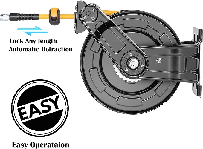 AIRZILLA Steel Retractable Air Hose Reel 3/8" Inch x 50' Feet Hybrid Polymer Hose, Heavy Duty Air Hose Reel included Auto Rewind Reel | Quick Air Coupler | Heavy Duty Steel Frame